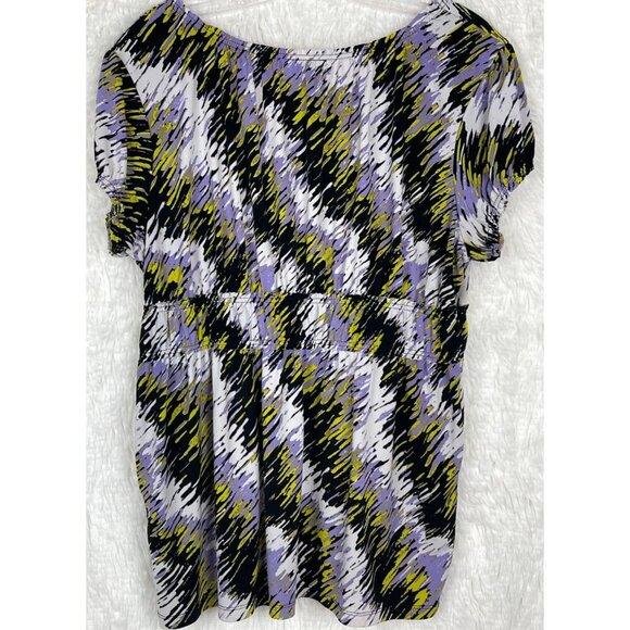 Worthington Womens Large Purple Black Yellow White ZigZag Elastic Short Sleeve - Picture 4 of 6